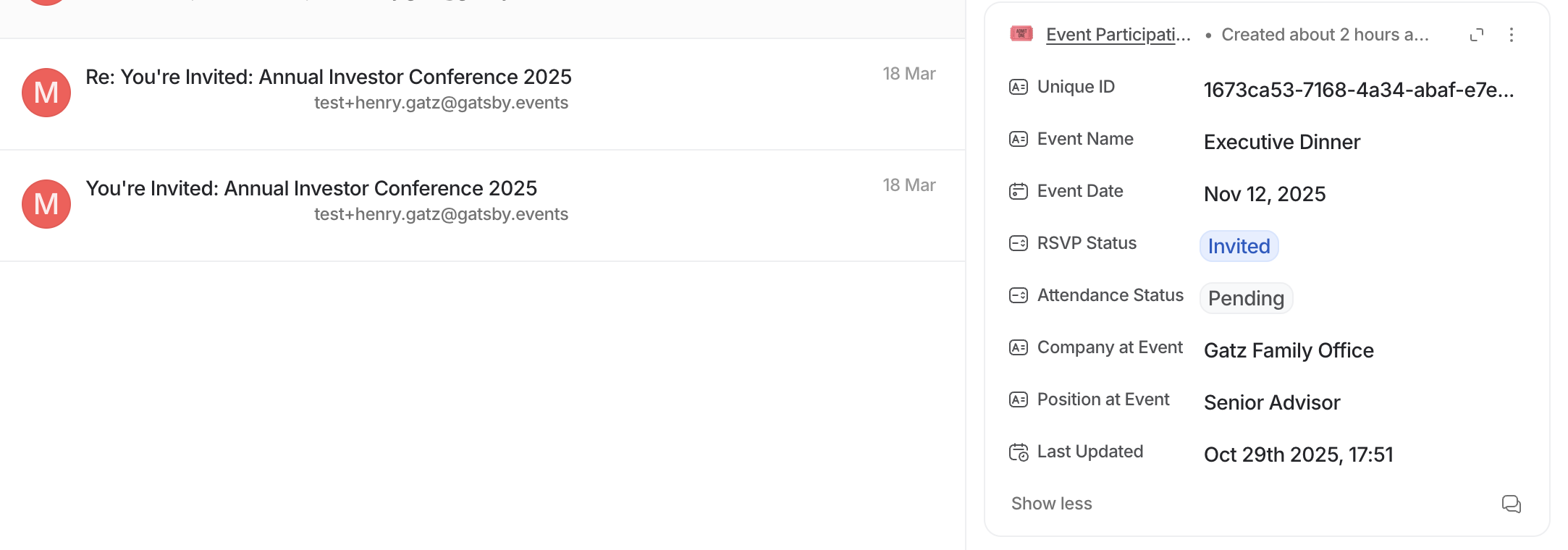 Attio Person record showing event activity alongside an Event Participation list