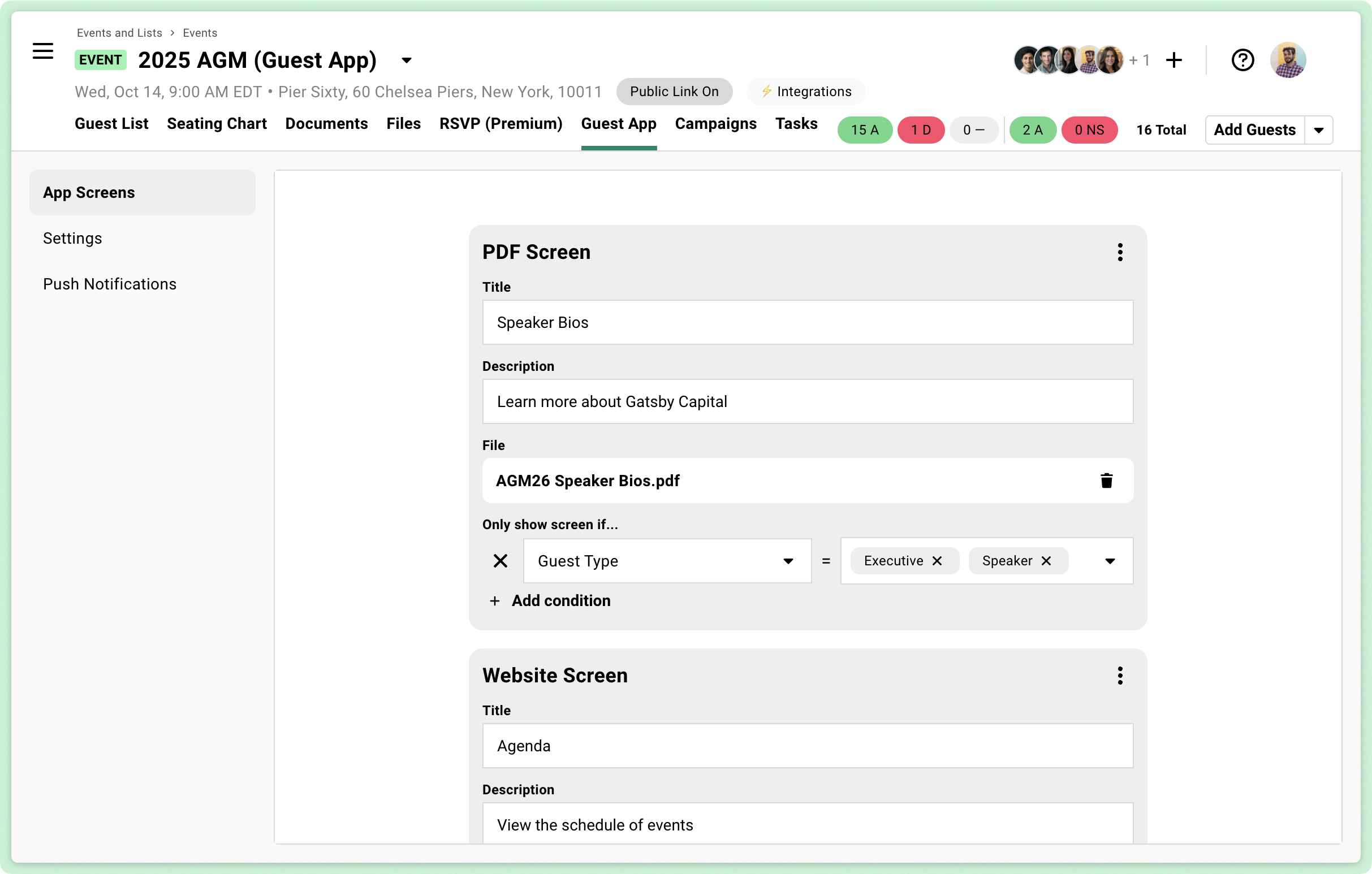 App Screens configuration with titles, types, and visibility settings