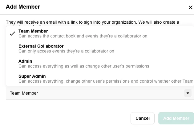Add Member modal showing four permission levels: Team Member, External Collaborator, Admin, and Super Admin