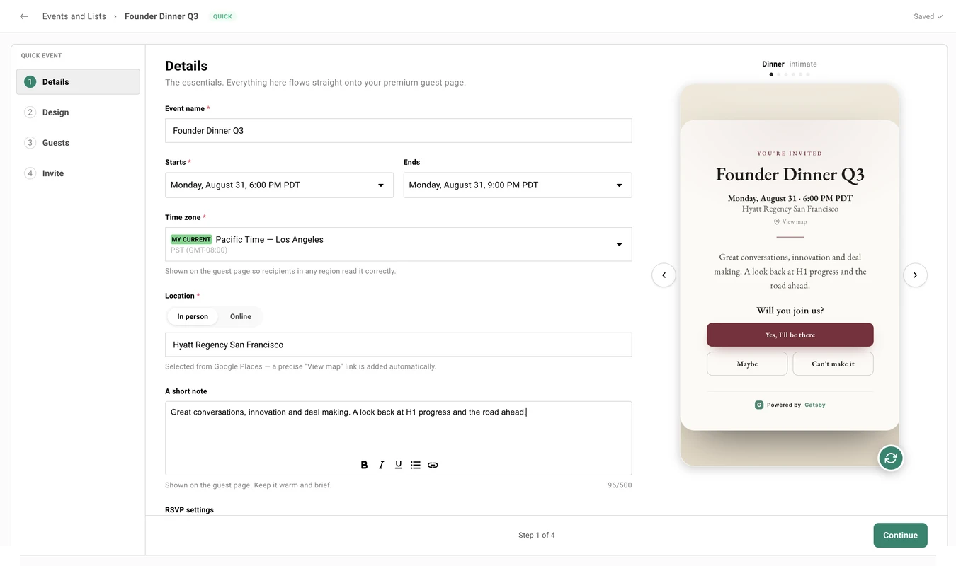 The Details step of a quick event, with event name, date, timezone, and location fields; a short note with rich-text controls and a 500-character counter; and a live preview of the guest invitation.