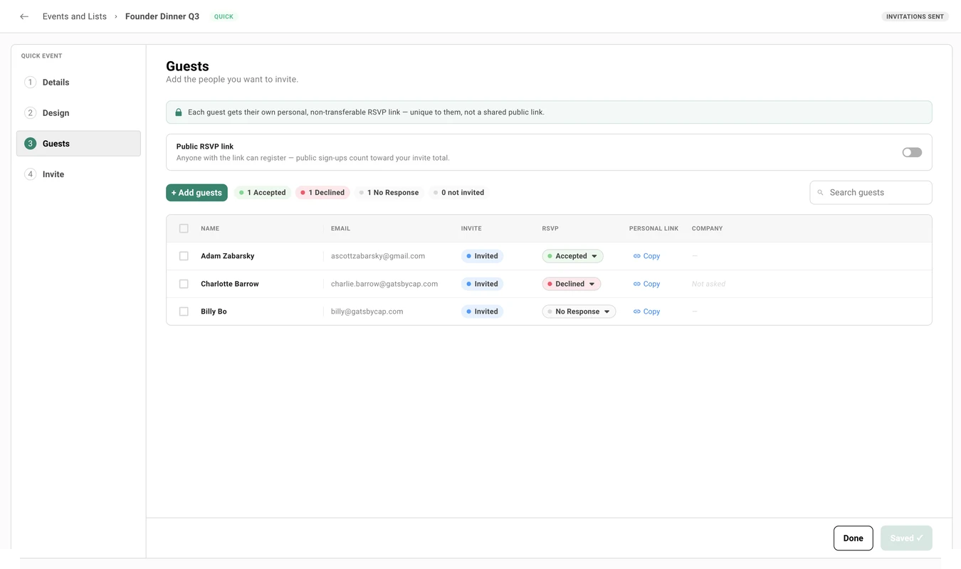 The Guests step, showing three invited guests with Accepted, Declined, and No Response statuses, personal RSVP links, and a Company answer column where a declined guest reads Not asked and unanswered rows show a dash.